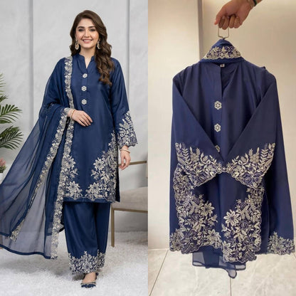 SUMMER SEASON WEAR PAKISTANI SUIT WITH EMBROIDERED WORKED TOP, PLAZZO AND DUPATTA WHOLESALE GEELAN FASHION SURAT
