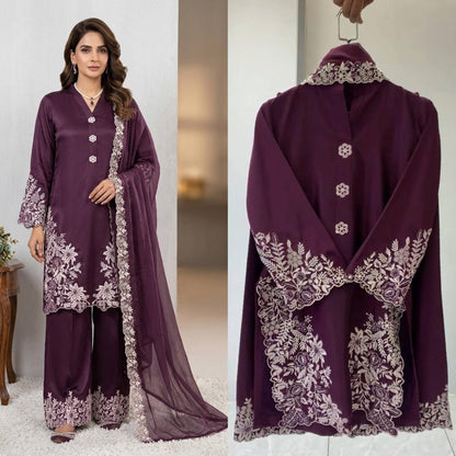 SUMMER SEASON WEAR PAKISTANI SUIT WITH EMBROIDERED WORKED TOP, PLAZZO AND DUPATTA WHOLESALE GEELAN FASHION SURAT