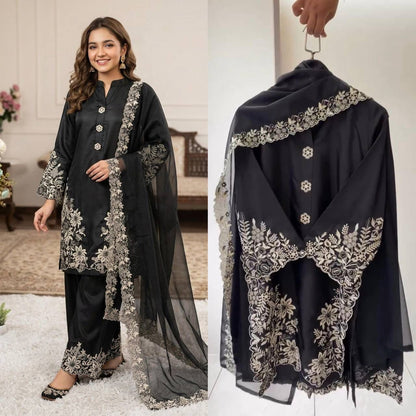 SUMMER SEASON WEAR PAKISTANI SUIT WITH EMBROIDERED WORKED TOP, PLAZZO AND DUPATTA WHOLESALE GEELAN FASHION SURAT