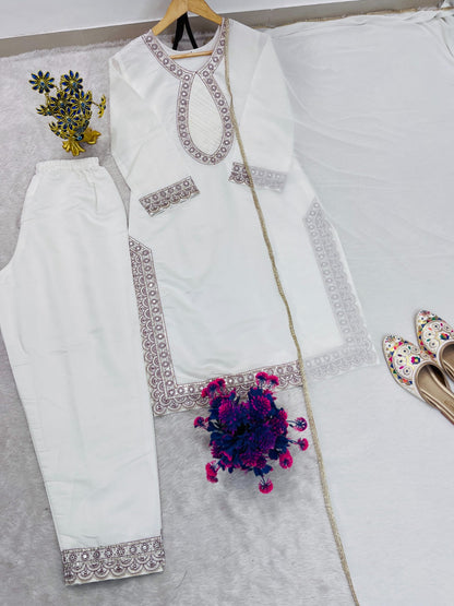 DESIGNER HEAVY EMBROIDERY WORK TOP PENT WITH DUPATTA SET WHOLESALE GEELAN FASHION SURAT