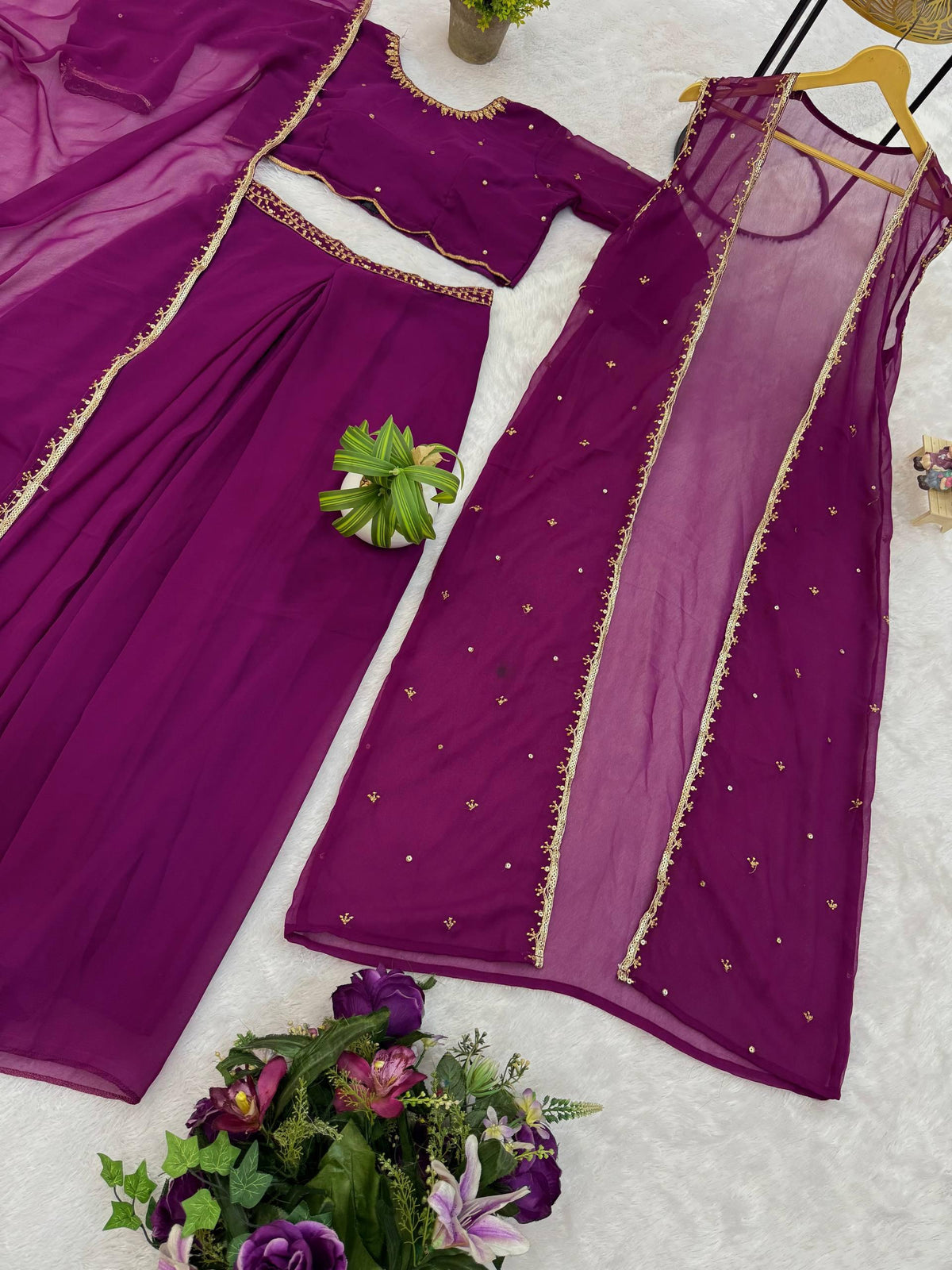 WE ARE LAUNCHING NEW SUPERHIT TRENDING FAUX GEORGETTE FABRIC 4 PIECE SET LEHENGA,BLOUSE,KOTI,DUPATTA WITH EMBROIDERY WORK WHOLESALE GEELAN FASHION SURAT