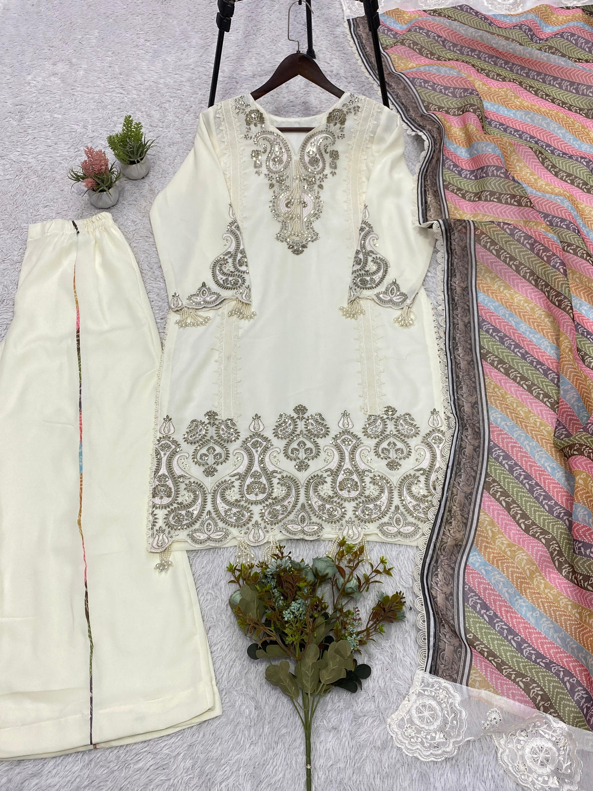 THIS WEDDING SEASON WEAR OUR BEAUTIFUL SEQUENCE EMBROIDERED TOP , PLAZZO WITH DUPATTA WHOLESALE GEELAN FASHION SURAT