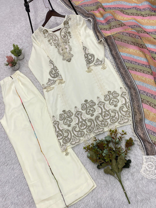THIS WEDDING SEASON WEAR OUR BEAUTIFUL SEQUENCE EMBROIDERED TOP , PLAZZO WITH DUPATTA WHOLESALE GEELAN FASHION SURAT