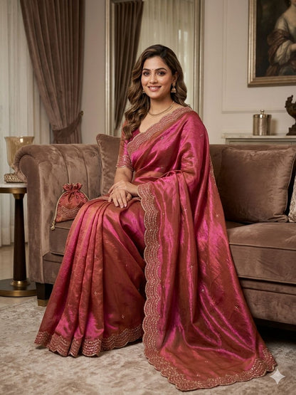 PREMIUM TWO TONE SPACE SILK SAREE WITH BEAUTIFUL MULTI SEQUENCE & CUTDENA WORK IN ALL OVER SAREE  PAIRED WITH A MATCHING EMBROIDERY BLOUSE FEATURING RICH EMBROIDERY WORK WHOLESALE GEELAN FASHION SURAT