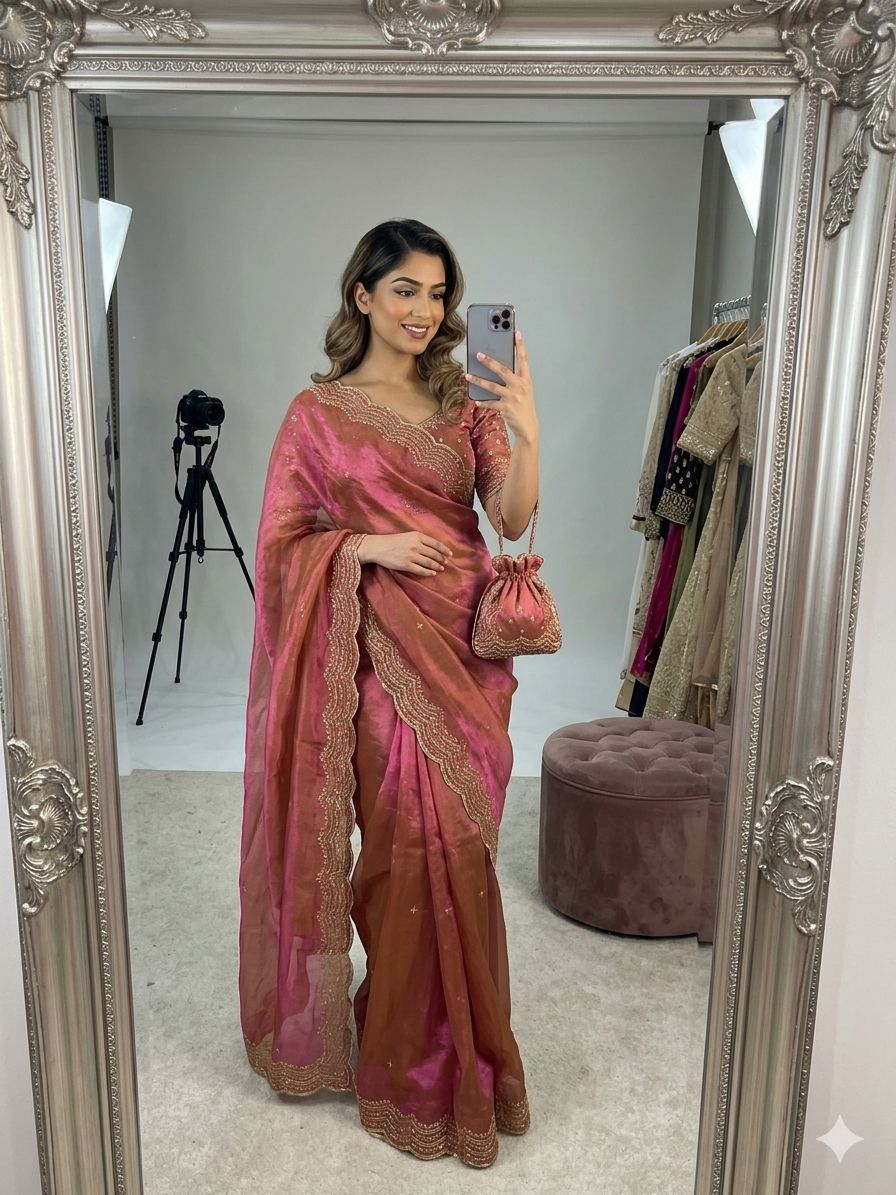 PREMIUM TWO TONE SPACE SILK SAREE WITH BEAUTIFUL MULTI SEQUENCE & CUTDENA WORK IN ALL OVER SAREE  PAIRED WITH A MATCHING EMBROIDERY BLOUSE FEATURING RICH EMBROIDERY WORK WHOLESALE GEELAN FASHION SURAT