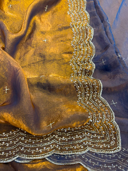 PREMIUM TWO TONE SPACE SILK SAREE WITH BEAUTIFUL MULTI SEQUENCE & CUTDENA WORK IN ALL OVER SAREE  PAIRED WITH A MATCHING EMBROIDERY BLOUSE FEATURING RICH EMBROIDERY WORK WHOLESALE GEELAN FASHION SURAT