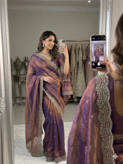 PREMIUM TWO TONE SPACE SILK SAREE WITH BEAUTIFUL MULTI SEQUENCE & CUTDENA WORK IN ALL OVER SAREE  PAIRED WITH A MATCHING EMBROIDERY BLOUSE FEATURING RICH EMBROIDERY WORK WHOLESALE GEELAN FASHION SURAT