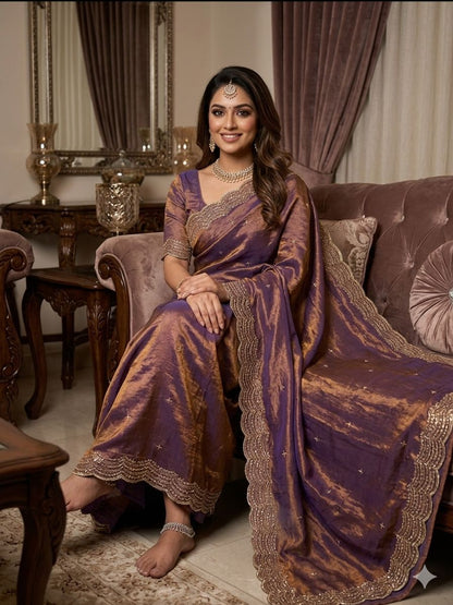 PREMIUM TWO TONE SPACE SILK SAREE WITH BEAUTIFUL MULTI SEQUENCE & CUTDENA WORK IN ALL OVER SAREE  PAIRED WITH A MATCHING EMBROIDERY BLOUSE FEATURING RICH EMBROIDERY WORK WHOLESALE GEELAN FASHION SURAT