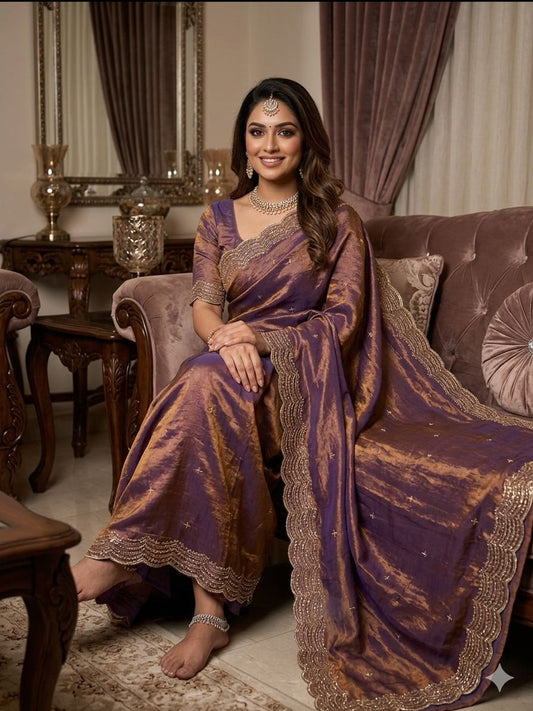 PREMIUM TWO TONE SPACE SILK SAREE WITH BEAUTIFUL MULTI SEQUENCE & CUTDENA WORK IN ALL OVER SAREE  PAIRED WITH A MATCHING EMBROIDERY BLOUSE FEATURING RICH EMBROIDERY WORK WHOLESALE GEELAN FASHION SURAT