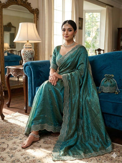 PREMIUM TWO TONE SPACE SILK SAREE WITH BEAUTIFUL MULTI SEQUENCE & CUTDENA WORK IN ALL OVER SAREE  PAIRED WITH A MATCHING EMBROIDERY BLOUSE FEATURING RICH EMBROIDERY WORK WHOLESALE GEELAN FASHION SURAT