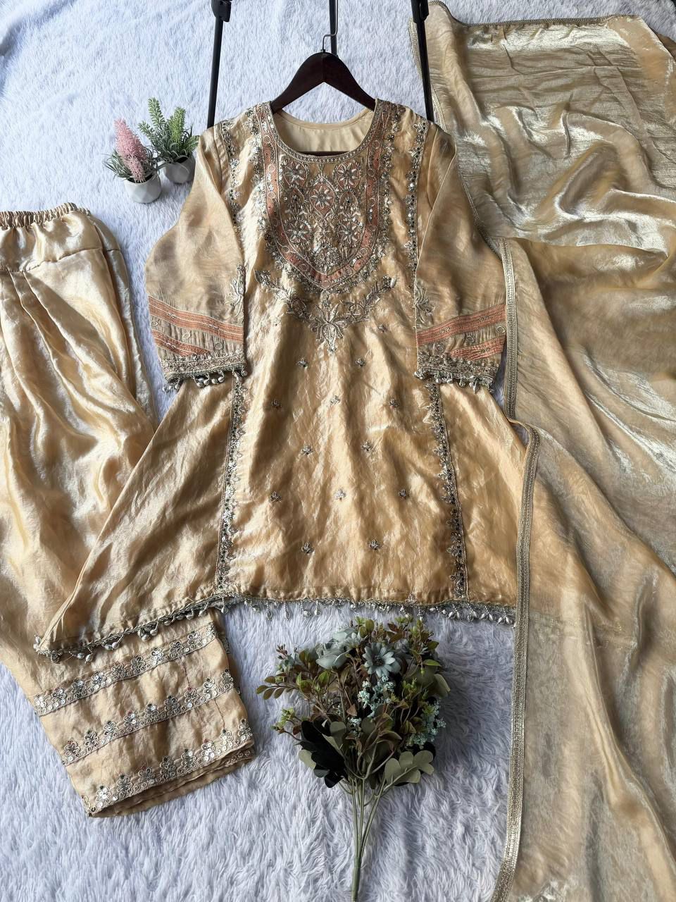 EXCLUSIVE AND TRENDY FOR WEDDING SEASON OUT SEQUENCE EMBROIDERED TOP, SALWAAR AND DUPATTA WHOLESALE GEELAN FASHION SURAT