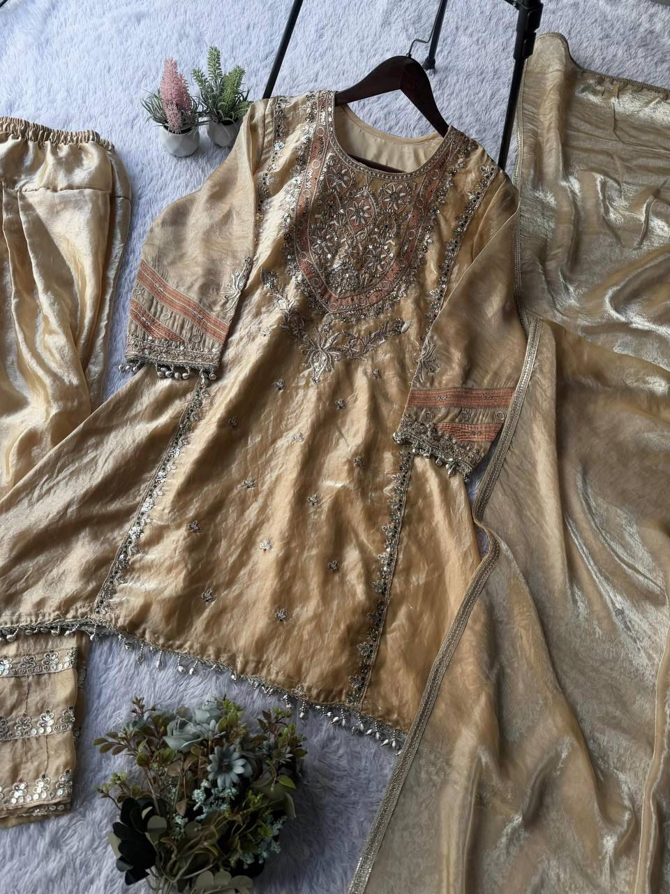 EXCLUSIVE AND TRENDY FOR WEDDING SEASON OUT SEQUENCE EMBROIDERED TOP, SALWAAR AND DUPATTA WHOLESALE GEELAN FASHION SURAT