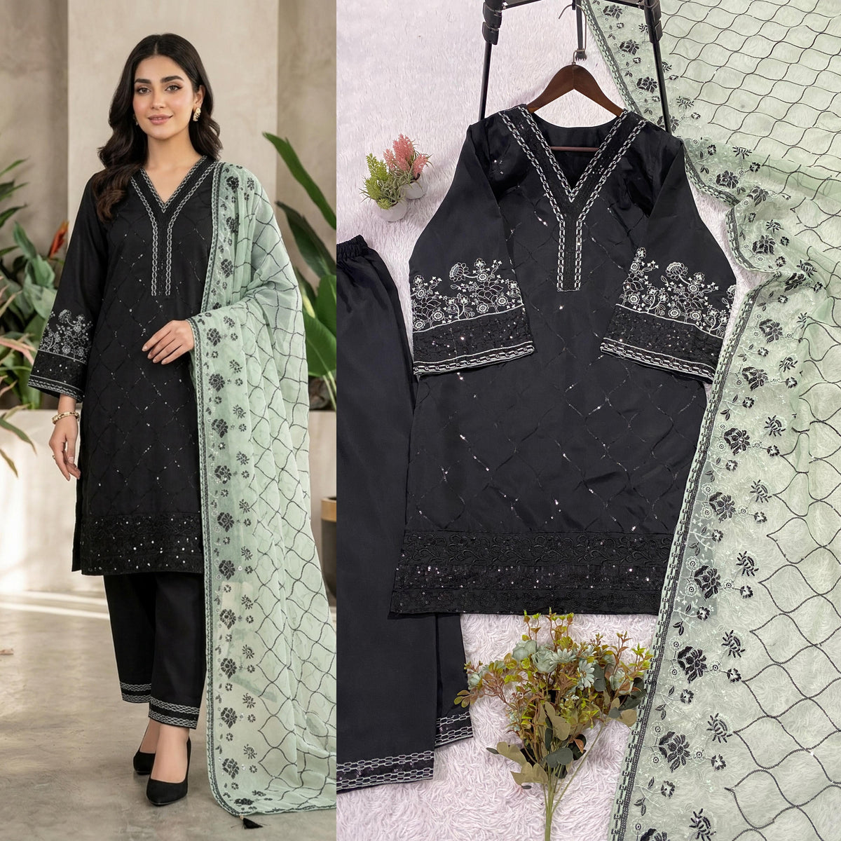 THIS WEDDING SEASON WEAR OUR BEAUTIFUL SEQUENCE EMBROIDERED TOP , PLAZZO WITH DUPATTA IN 3 BEAUTIFUL COLOURS WHOLESALE GEELAN FASHION SURAT