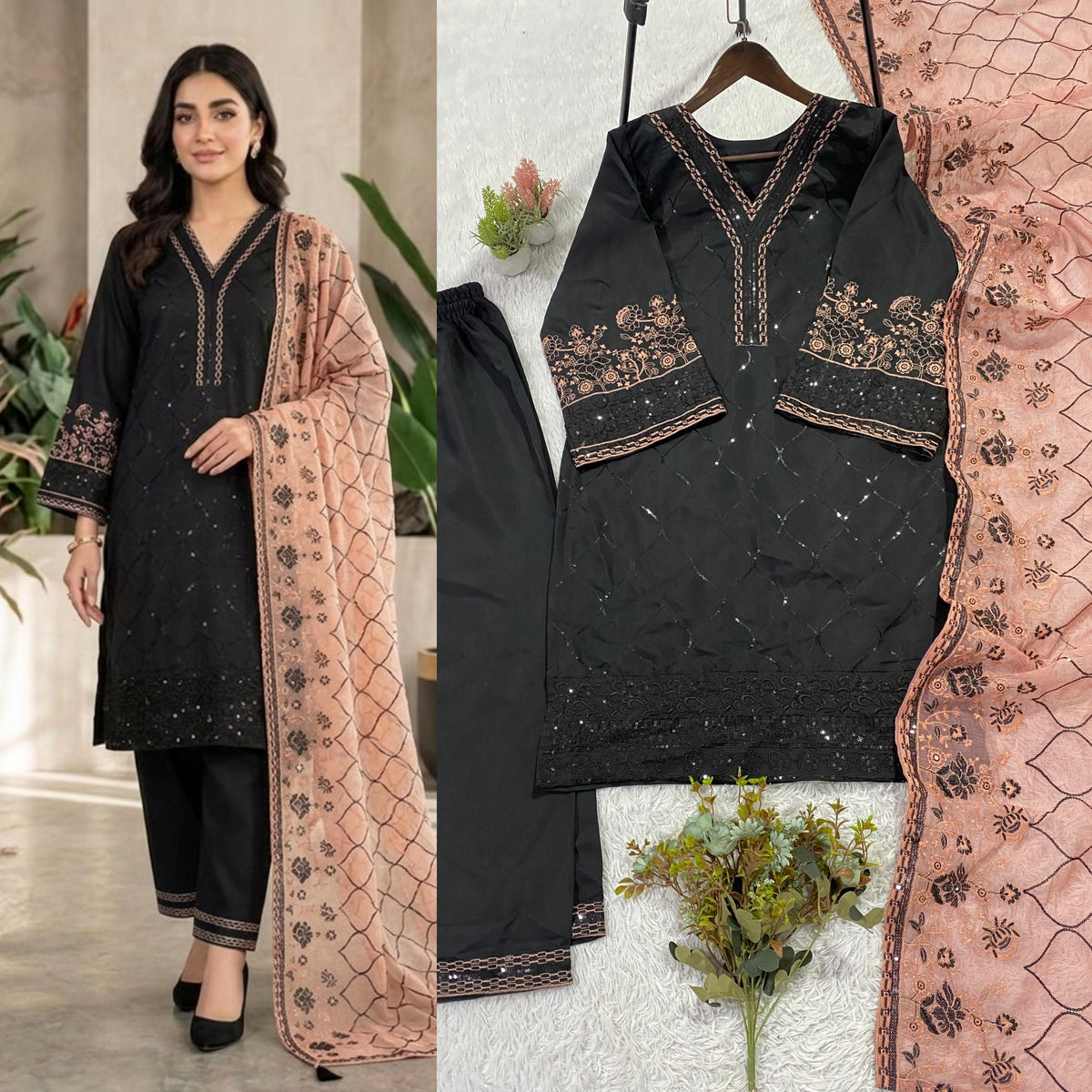 THIS WEDDING SEASON WEAR OUR BEAUTIFUL SEQUENCE EMBROIDERED TOP , PLAZZO WITH DUPATTA IN 3 BEAUTIFUL COLOURS WHOLESALE GEELAN FASHION SURAT