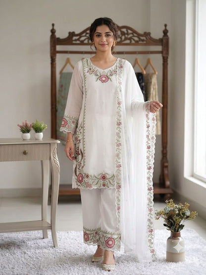 THIS SESSION WEAR OUR BEAUTIFUL EMBROIDERED TOP , PLAZZO WITH DUPATTA IN 3 BEAUTIFUL COLOURS WHOLESALE GEELAN FASHION SURAT