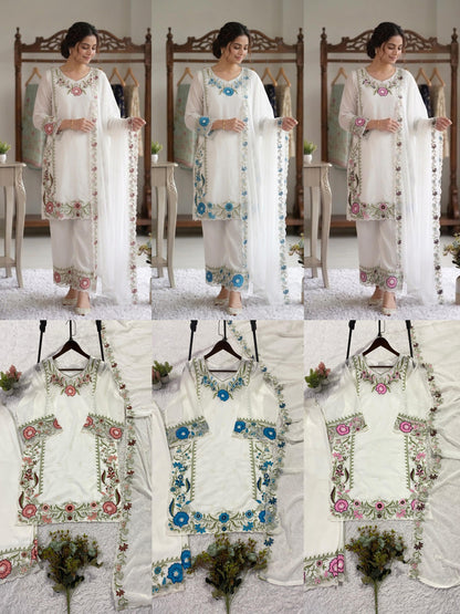 THIS SESSION WEAR OUR BEAUTIFUL EMBROIDERED TOP , PLAZZO WITH DUPATTA IN 3 BEAUTIFUL COLOURS WHOLESALE GEELAN FASHION SURAT