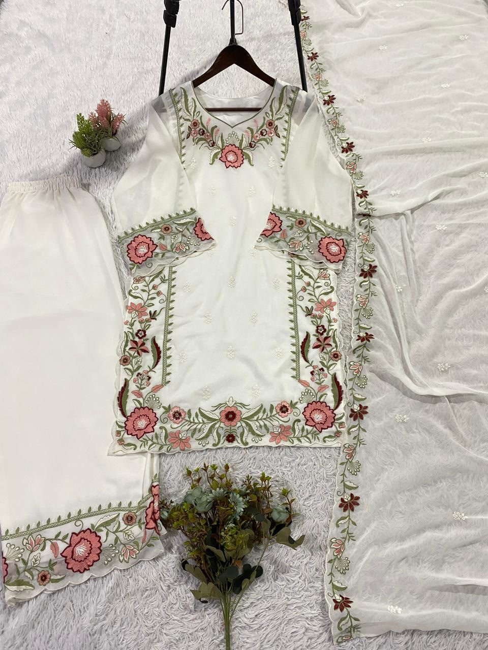 THIS SESSION WEAR OUR BEAUTIFUL EMBROIDERED TOP , PLAZZO WITH DUPATTA IN 3 BEAUTIFUL COLOURS WHOLESALE GEELAN FASHION SURAT
