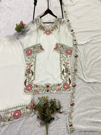THIS SESSION WEAR OUR BEAUTIFUL EMBROIDERED TOP , PLAZZO WITH DUPATTA IN 3 BEAUTIFUL COLOURS WHOLESALE GEELAN FASHION SURAT