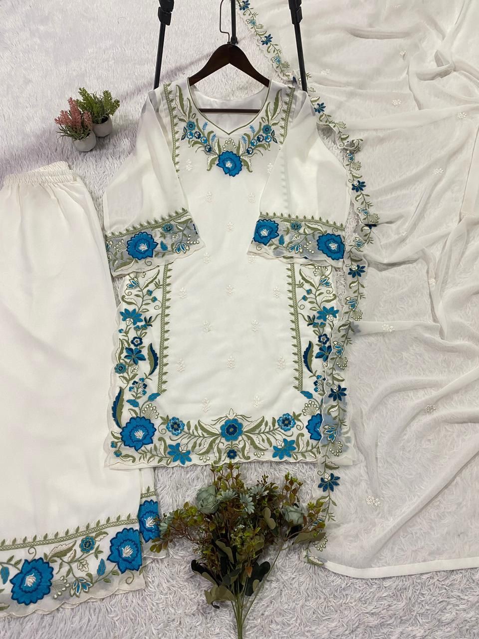 THIS SESSION WEAR OUR BEAUTIFUL EMBROIDERED TOP , PLAZZO WITH DUPATTA IN 3 BEAUTIFUL COLOURS WHOLESALE GEELAN FASHION SURAT