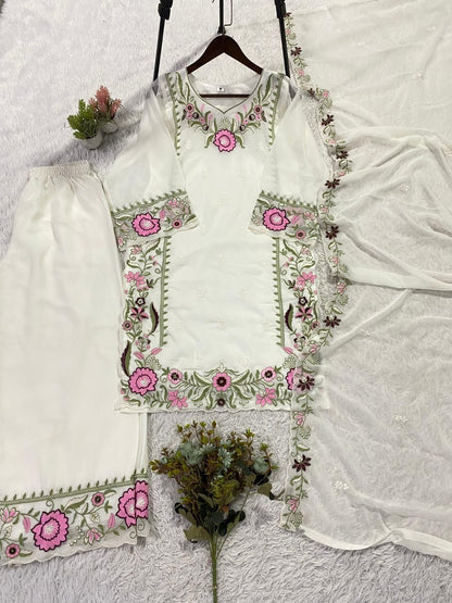 THIS SESSION WEAR OUR BEAUTIFUL EMBROIDERED TOP , PLAZZO WITH DUPATTA IN 3 BEAUTIFUL COLOURS WHOLESALE GEELAN FASHION SURAT