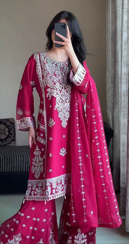 3 PIECE STYLISH TOP, PLAZZO AND DUPATTA WITH BEAUTIFUL EMBROIDERY SEQUENCE WORK WHOLESALE GEELAN FASHION SURAT