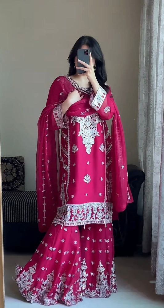 3 PIECE STYLISH TOP, PLAZZO AND DUPATTA WITH BEAUTIFUL EMBROIDERY SEQUENCE WORK WHOLESALE GEELAN FASHION SURAT