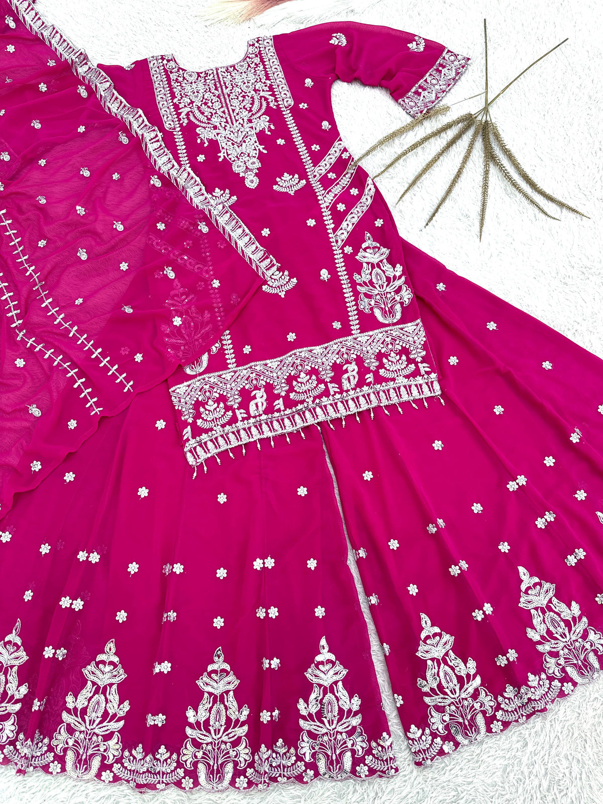 3 PIECE STYLISH TOP, PLAZZO AND DUPATTA WITH BEAUTIFUL EMBROIDERY SEQUENCE WORK WHOLESALE GEELAN FASHION SURAT