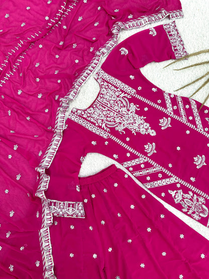 3 PIECE STYLISH TOP, PLAZZO AND DUPATTA WITH BEAUTIFUL EMBROIDERY SEQUENCE WORK WHOLESALE GEELAN FASHION SURAT