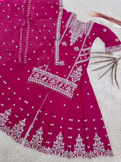3 PIECE STYLISH TOP, PLAZZO AND DUPATTA WITH BEAUTIFUL EMBROIDERY SEQUENCE WORK WHOLESALE GEELAN FASHION SURAT