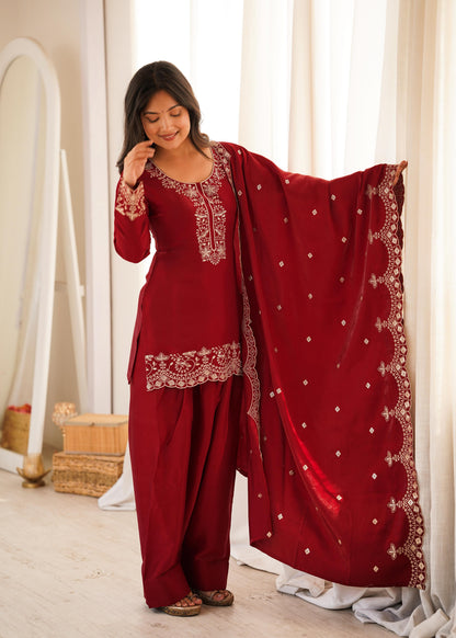 NEW GLASS ROMAN SILK FABRIC WITH EMBROIDERY SEQUENCE AND JARI WORK TOP,DUPPTA SET WITH FARSHI SHALWAR READY TO WEAR WHOLESALE GEELAN FASHION SURAT