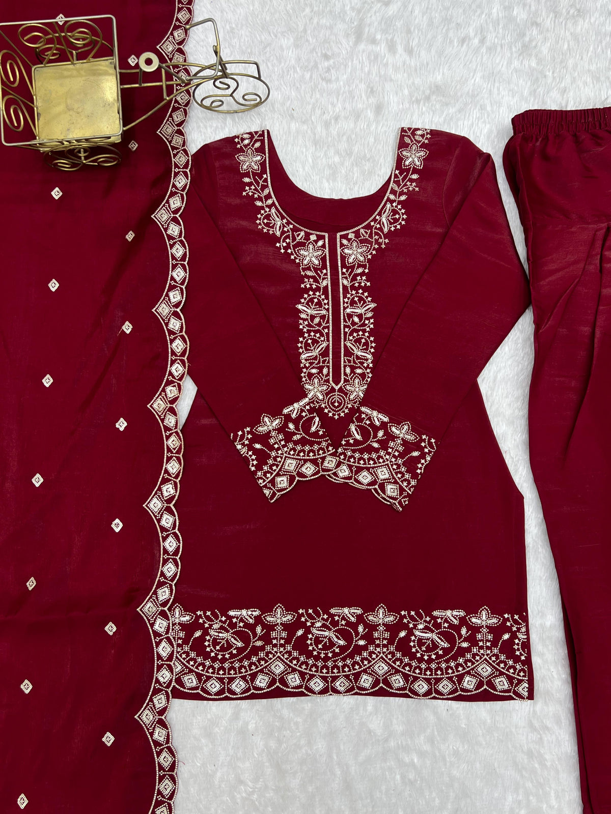 NEW GLASS ROMAN SILK FABRIC WITH EMBROIDERY SEQUENCE AND JARI WORK TOP,DUPPTA SET WITH FARSHI SHALWAR READY TO WEAR WHOLESALE GEELAN FASHION SURAT
