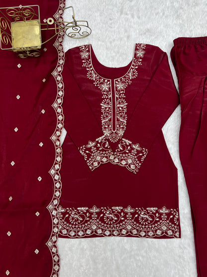 NEW GLASS ROMAN SILK FABRIC WITH EMBROIDERY SEQUENCE AND JARI WORK TOP,DUPPTA SET WITH FARSHI SHALWAR READY TO WEAR WHOLESALE GEELAN FASHION SURAT