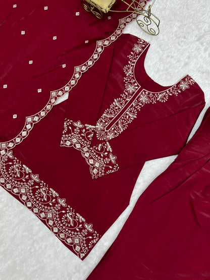 NEW GLASS ROMAN SILK FABRIC WITH EMBROIDERY SEQUENCE AND JARI WORK TOP,DUPPTA SET WITH FARSHI SHALWAR READY TO WEAR WHOLESALE GEELAN FASHION SURAT