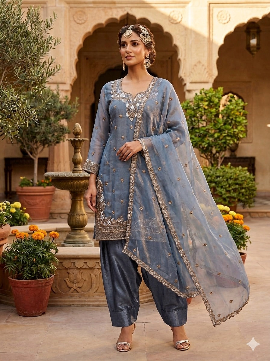 FESTIVAL SEASON LUNCH NEW DESIGNER HEAVY EMBROIDERY SEQUENCE WORK ON FENDY FABRIC TOP FARSHI PLAZZO AND DUPATTA SET WHOLESALE GEELAN FASHION SURAT