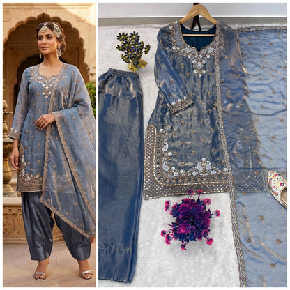 FESTIVAL SEASON LUNCH NEW DESIGNER HEAVY EMBROIDERY SEQUENCE WORK ON FENDY FABRIC TOP FARSHI PLAZZO AND DUPATTA SET WHOLESALE GEELAN FASHION SURAT