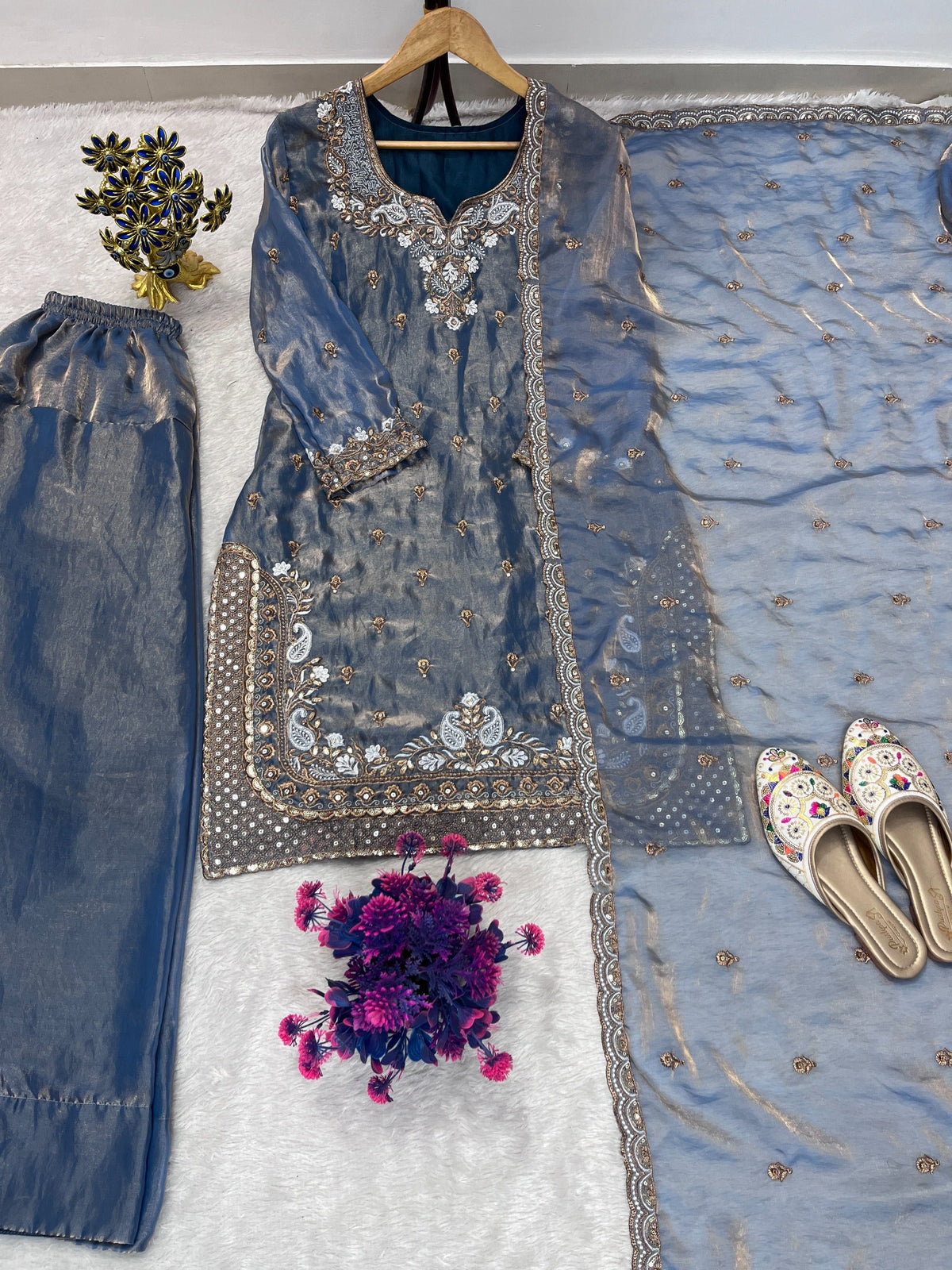 FESTIVAL SEASON LUNCH NEW DESIGNER HEAVY EMBROIDERY SEQUENCE WORK ON FENDY FABRIC TOP FARSHI PLAZZO AND DUPATTA SET WHOLESALE GEELAN FASHION SURAT
