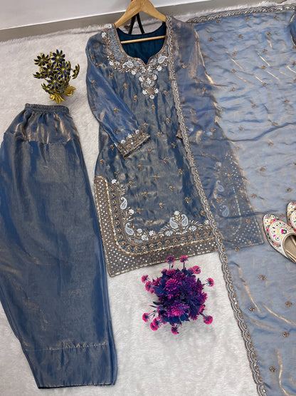FESTIVAL SEASON LUNCH NEW DESIGNER HEAVY EMBROIDERY SEQUENCE WORK ON FENDY FABRIC TOP FARSHI PLAZZO AND DUPATTA SET WHOLESALE GEELAN FASHION SURAT