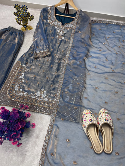 FESTIVAL SEASON LUNCH NEW DESIGNER HEAVY EMBROIDERY SEQUENCE WORK ON FENDY FABRIC TOP FARSHI PLAZZO AND DUPATTA SET WHOLESALE GEELAN FASHION SURAT