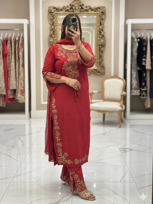 THIS WEDDING SEASON, TRY OUR DESIGNER EMBROIDERED WORKED TOP  PLAZZO SUIT WITH DUPATTA WHOLESALE GEELAN FASHION SURAT