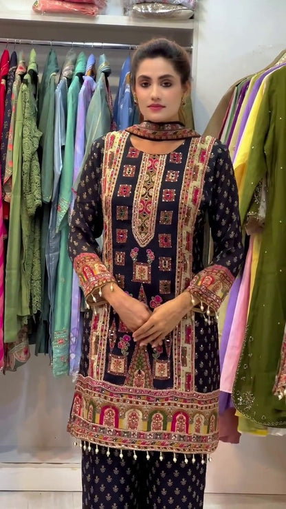 8 DESIGNER WEAR TRENDING TOP WITH PRINTED WORK AND STONE WORK TOP PLAZZO WITH DUPATTA SET WHOLESALE GEELAN FASHION SURAT