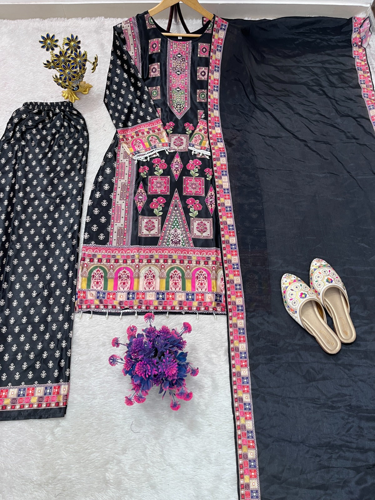 8 DESIGNER WEAR TRENDING TOP WITH PRINTED WORK AND STONE WORK TOP PLAZZO WITH DUPATTA SET WHOLESALE GEELAN FASHION SURAT