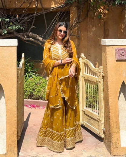 DESIGNER PARTY TOP PALLAZO & DUPATTA SET WHOLESALE GEELAN FASHION SURAT