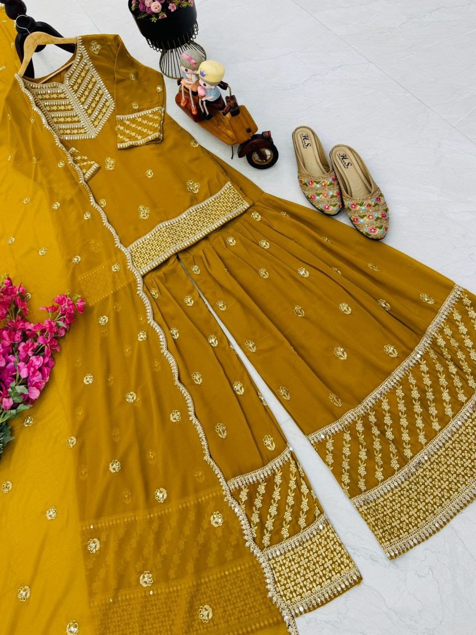 DESIGNER PARTY TOP PALLAZO & DUPATTA SET WHOLESALE GEELAN FASHION SURAT