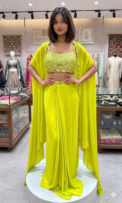 THIS WEDDING SEASON WEAR OUR BEAUTIFUL 3 PIECE WITH REAL MIRROR WITH  EMBROIDERED BLOUSE, SKIRT AND LONG SHRUGE WHOLESALE GEELAN FASHION SURAT