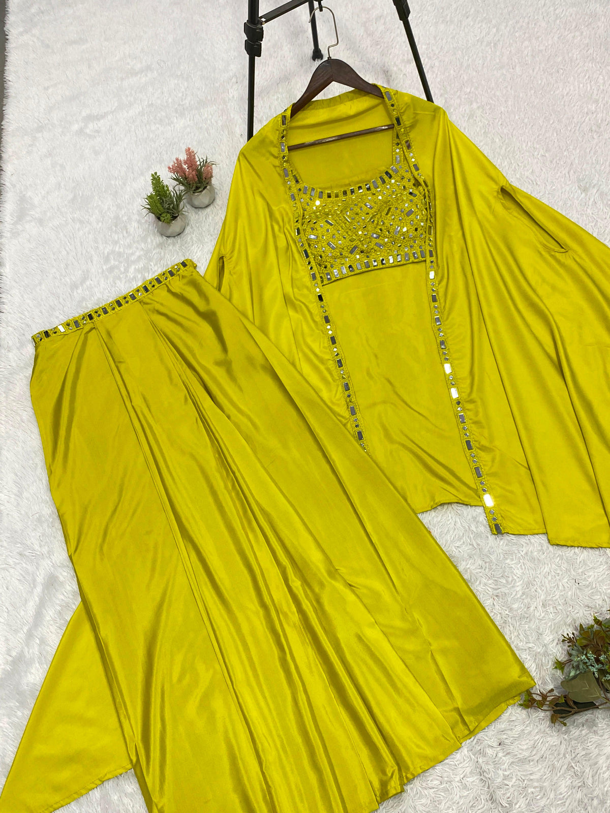 THIS WEDDING SEASON WEAR OUR BEAUTIFUL 3 PIECE WITH REAL MIRROR WITH  EMBROIDERED BLOUSE, SKIRT AND LONG SHRUGE WHOLESALE GEELAN FASHION SURAT