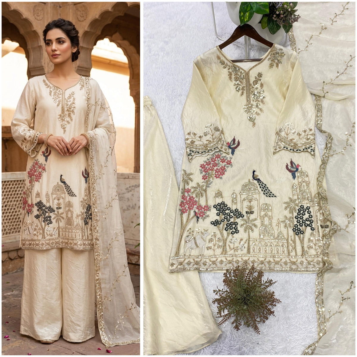 THIS WEDDING SEASON, TRY OUR DESIGNER BEADS WITH SEQUENCE EMBROIDERY WORKED TOP  PLAZZO SUIT WITH DUPATTA WHOLESALE GEELAN FASHION SURAT