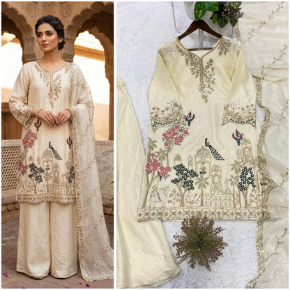 THIS WEDDING SEASON, TRY OUR DESIGNER BEADS WITH SEQUENCE EMBROIDERY WORKED TOP  PLAZZO SUIT WITH DUPATTA WHOLESALE GEELAN FASHION SURAT