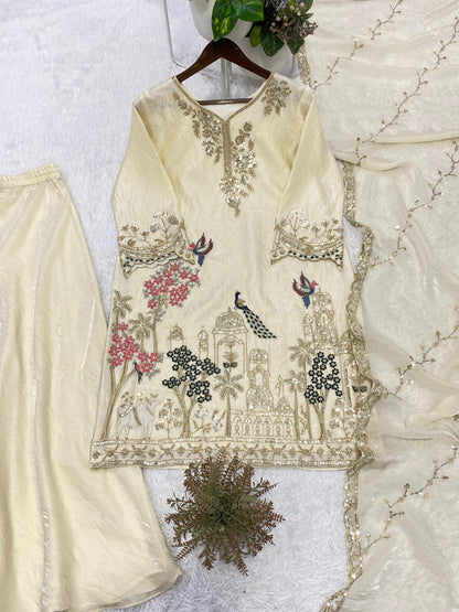 THIS WEDDING SEASON, TRY OUR DESIGNER BEADS WITH SEQUENCE EMBROIDERY WORKED TOP  PLAZZO SUIT WITH DUPATTA WHOLESALE GEELAN FASHION SURAT