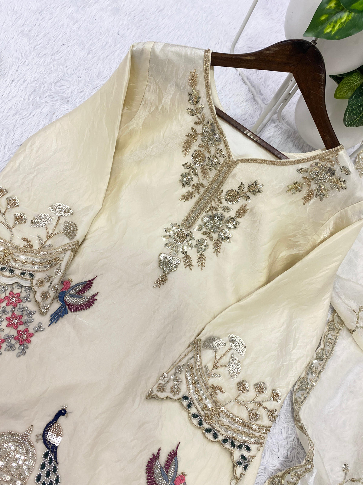 THIS WEDDING SEASON, TRY OUR DESIGNER BEADS WITH SEQUENCE EMBROIDERY WORKED TOP  PLAZZO SUIT WITH DUPATTA WHOLESALE GEELAN FASHION SURAT
