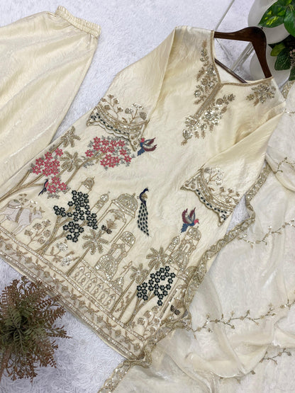 THIS WEDDING SEASON, TRY OUR DESIGNER BEADS WITH SEQUENCE EMBROIDERY WORKED TOP  PLAZZO SUIT WITH DUPATTA WHOLESALE GEELAN FASHION SURAT